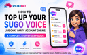SUGO Voice Live Chat Party coin top-up guide banner with Pokibit branding