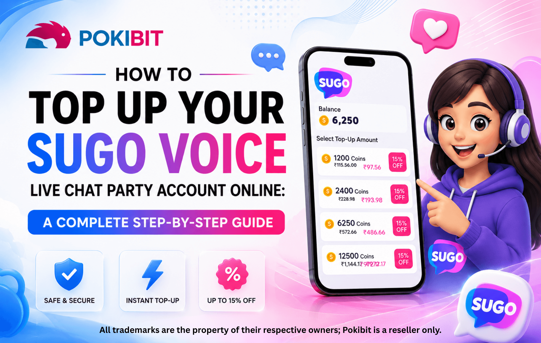 SUGO Voice Live Chat Party coin top-up guide banner with Pokibit branding