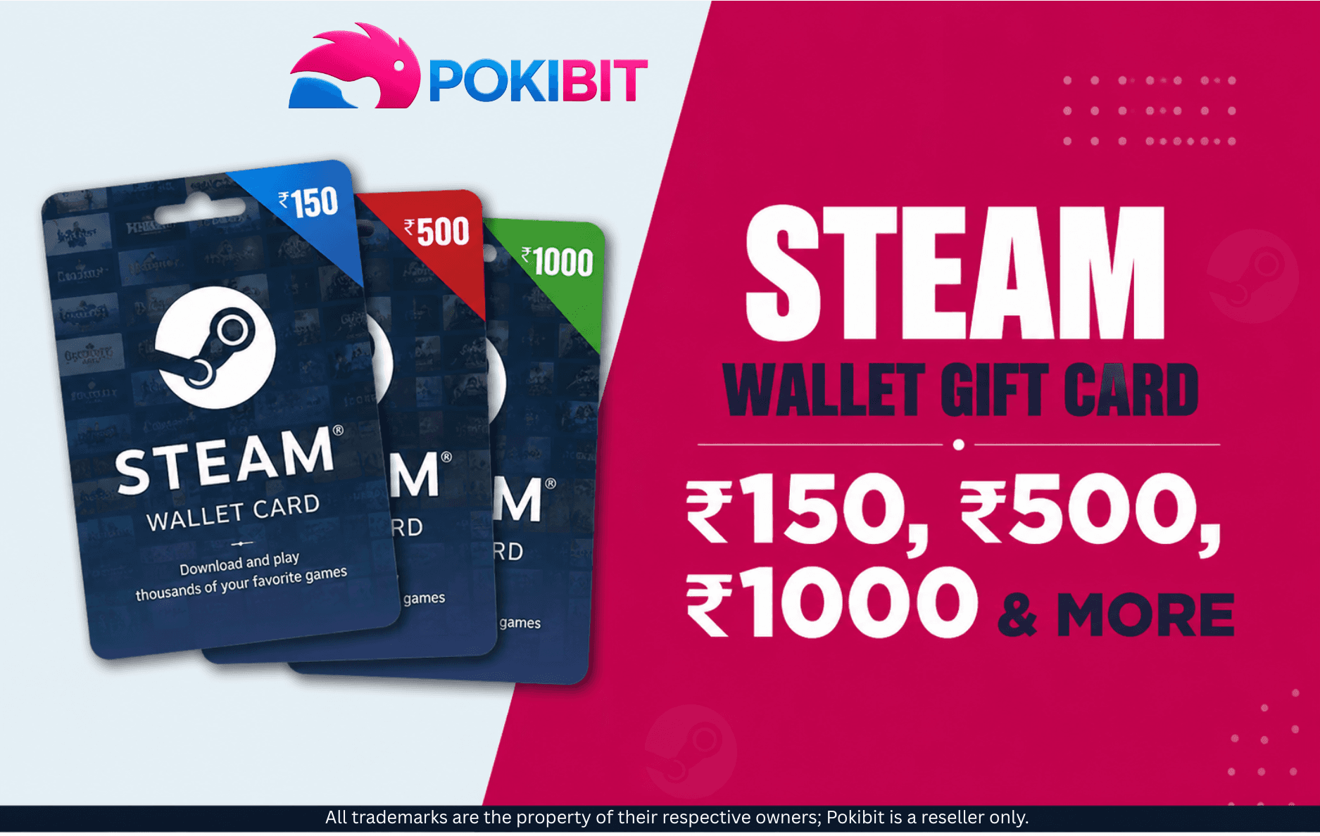 Steam Wallet gift cards available in multiple denominations and options.