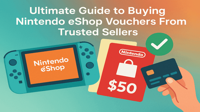 Nintendo eShop voucher with Switch console and 50 gift card held by hand