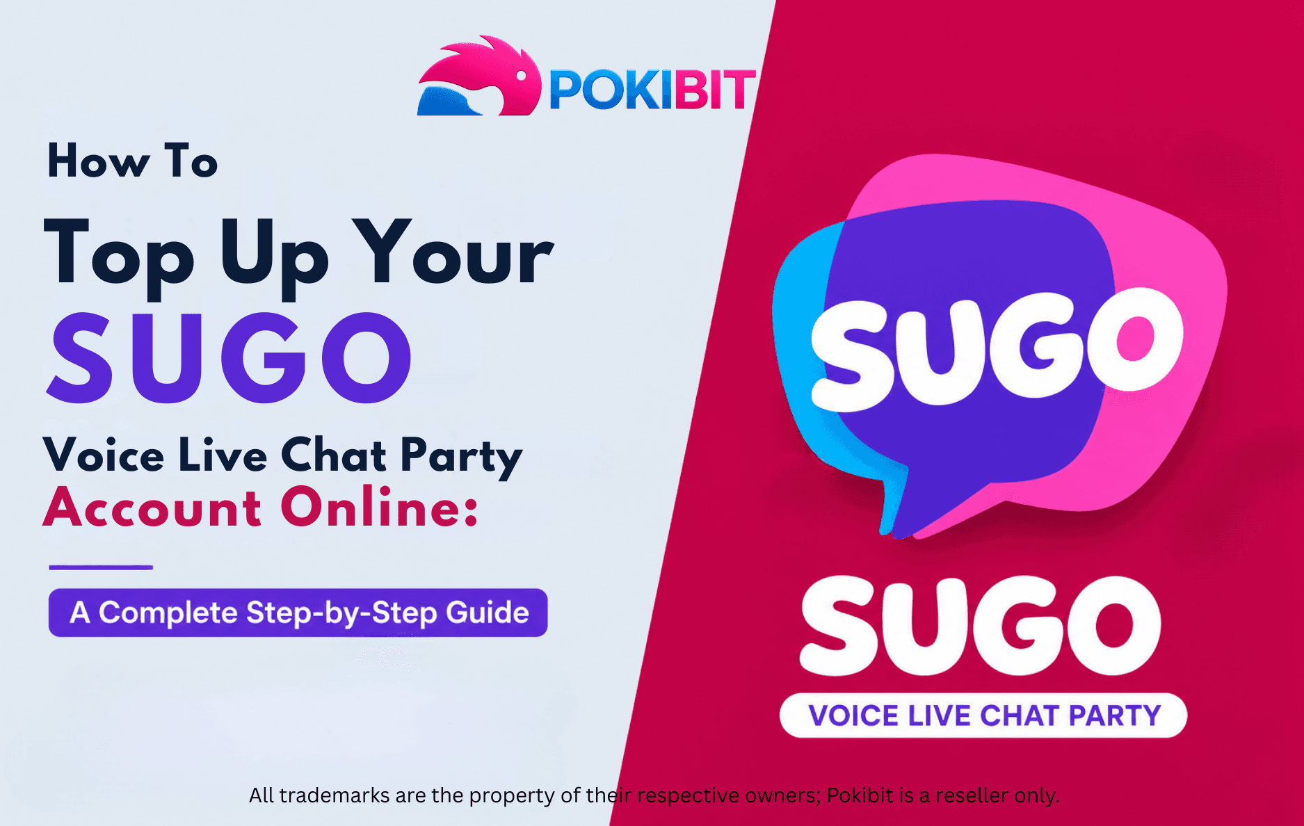 SUGO Voice Live Chat Party coin top-up guide banner with Pokibit branding