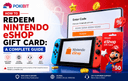 Nintendo eShop gift card redemption guide on Nintendo Switch with eShop vouchers and gaming icons.