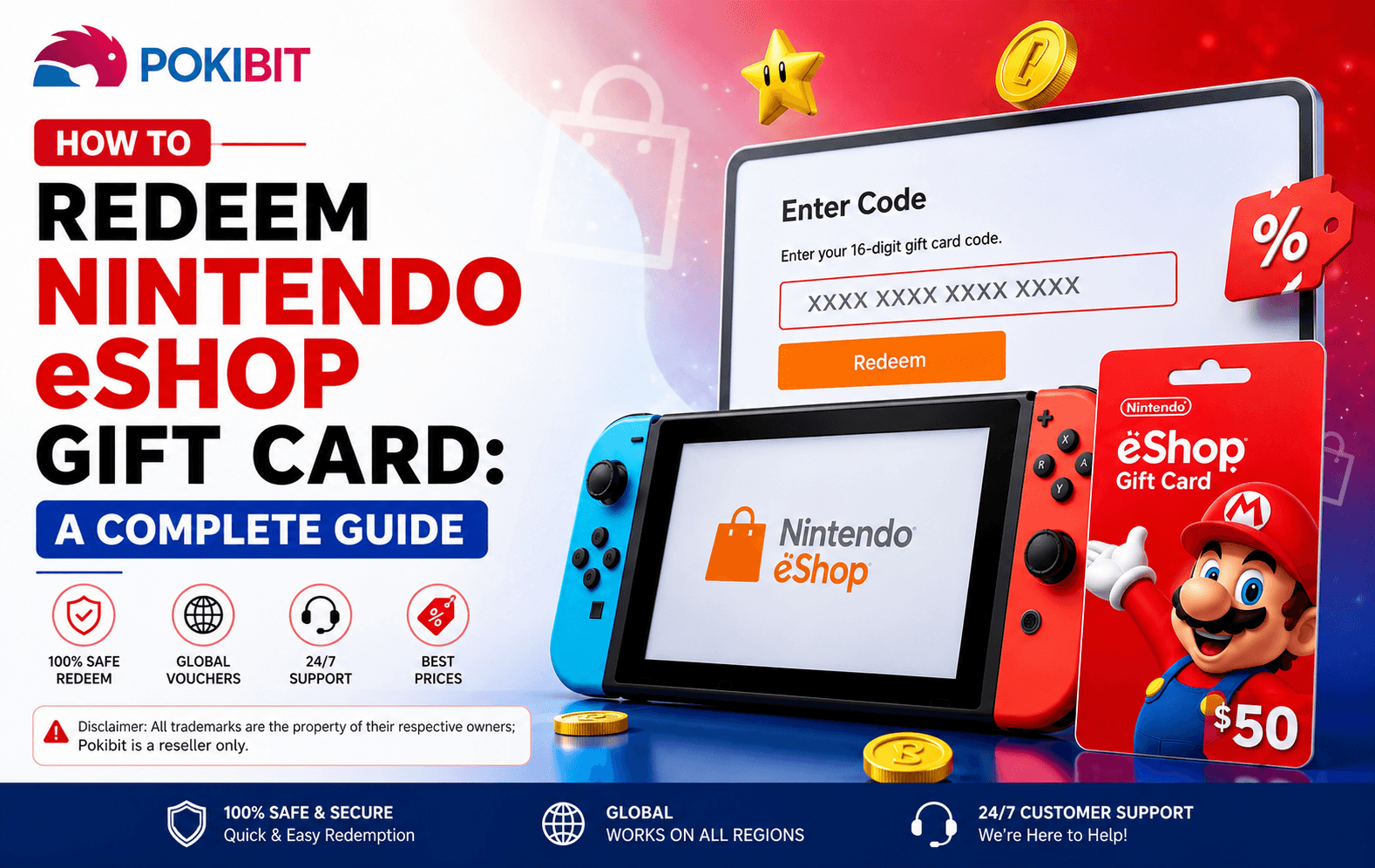Nintendo eShop gift card redemption guide on Nintendo Switch with eShop vouchers and gaming icons.