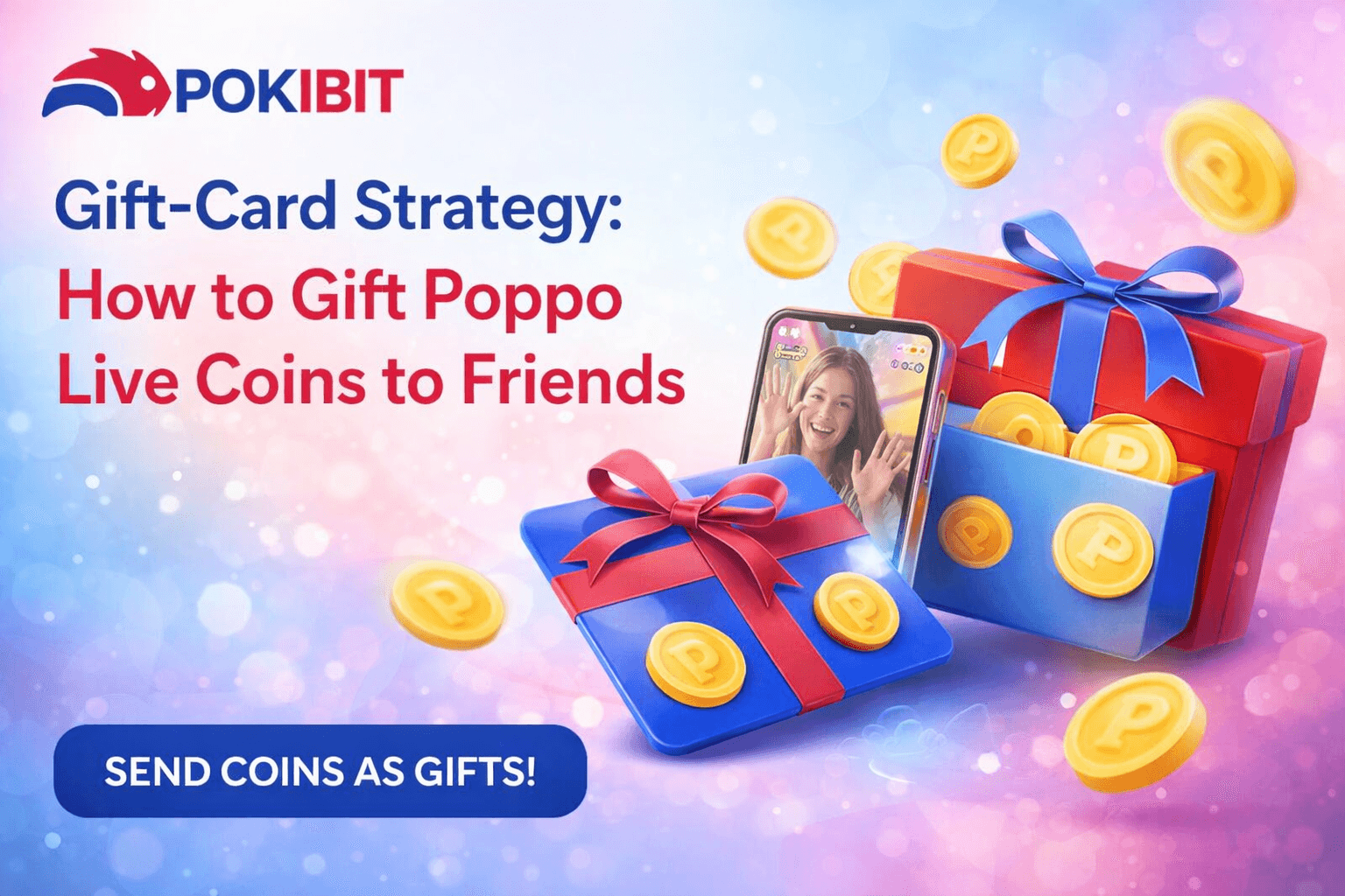 Illustration showing how to gift Poppo Live Coins to friends using a secure digital top up platform