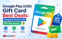 Google Play USD gift card with price comparison and UPI discount offers showing mobile payment digital wallet balance and gaming app purchases
